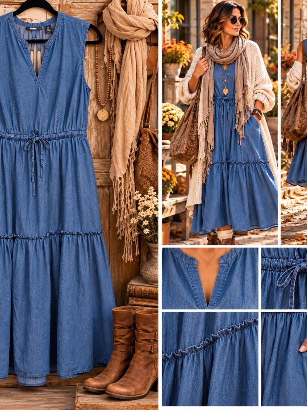 Lands End M Lyocell Denim Tiered Midi Dress Sleeveless NWT Boho Cottagecore